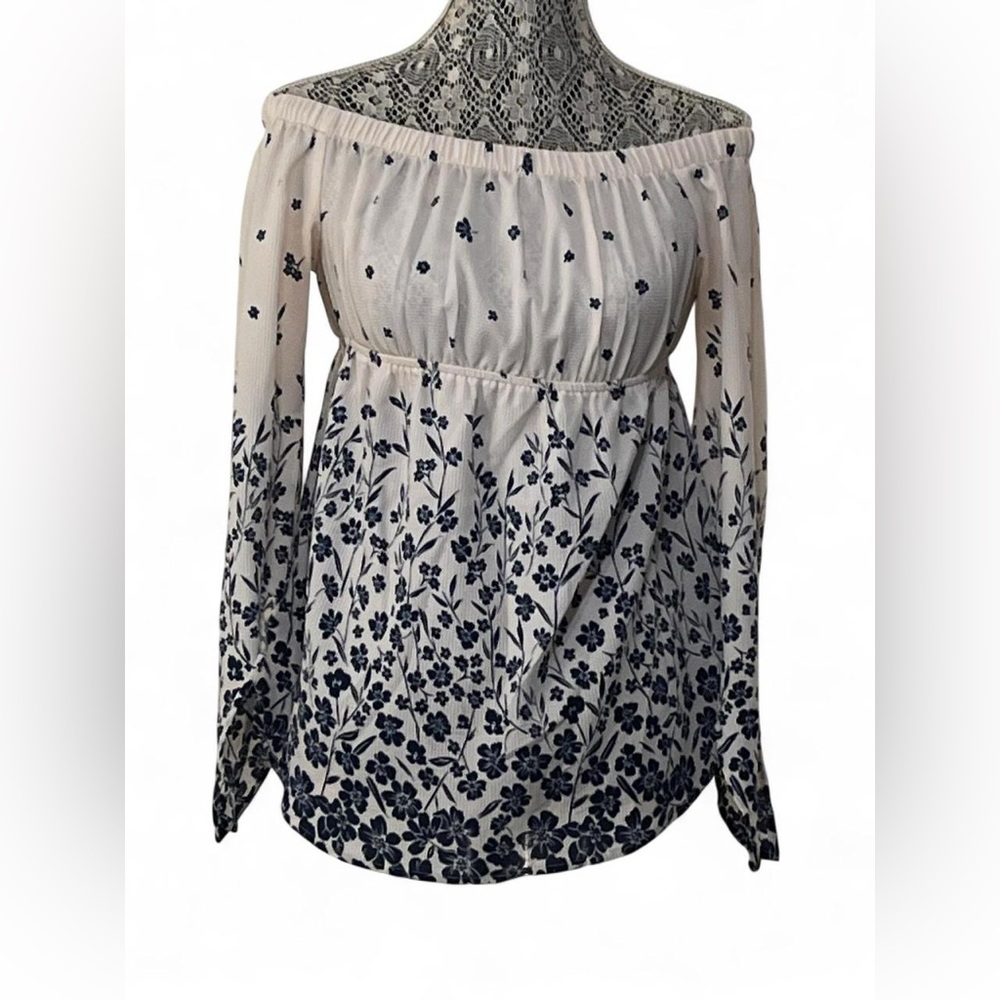 Haute Monde Cream Off-Shoulder Blouse with Navy Floral Border